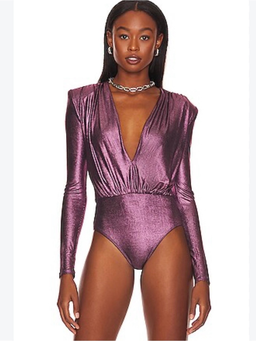 Line & Dot Metallic Mauve Long-Sleeve V-Neck Bodysuit